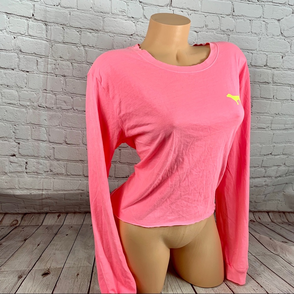 VS PINK Neon Logo Print Long Sleeve Crop Top Pink - Picture 3 of 7